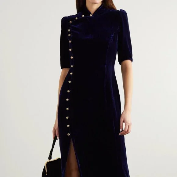 Saloni Taro Velvet Midi Dress Navy